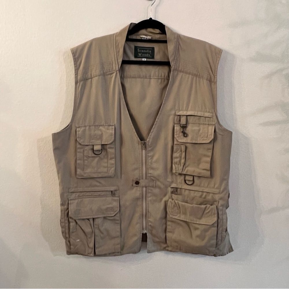 VINTAGE Scandia Woods Fishing Vest Men XLarge Khaki Zip Up Safari Hiking